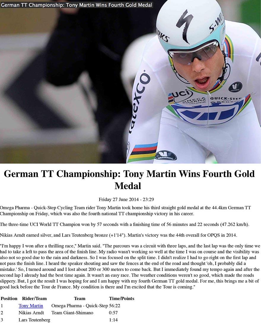 Tony Martin Wins Fourth Gold Medal | Wall | Omega Pharma - Quick-Step Pro Cycling Team